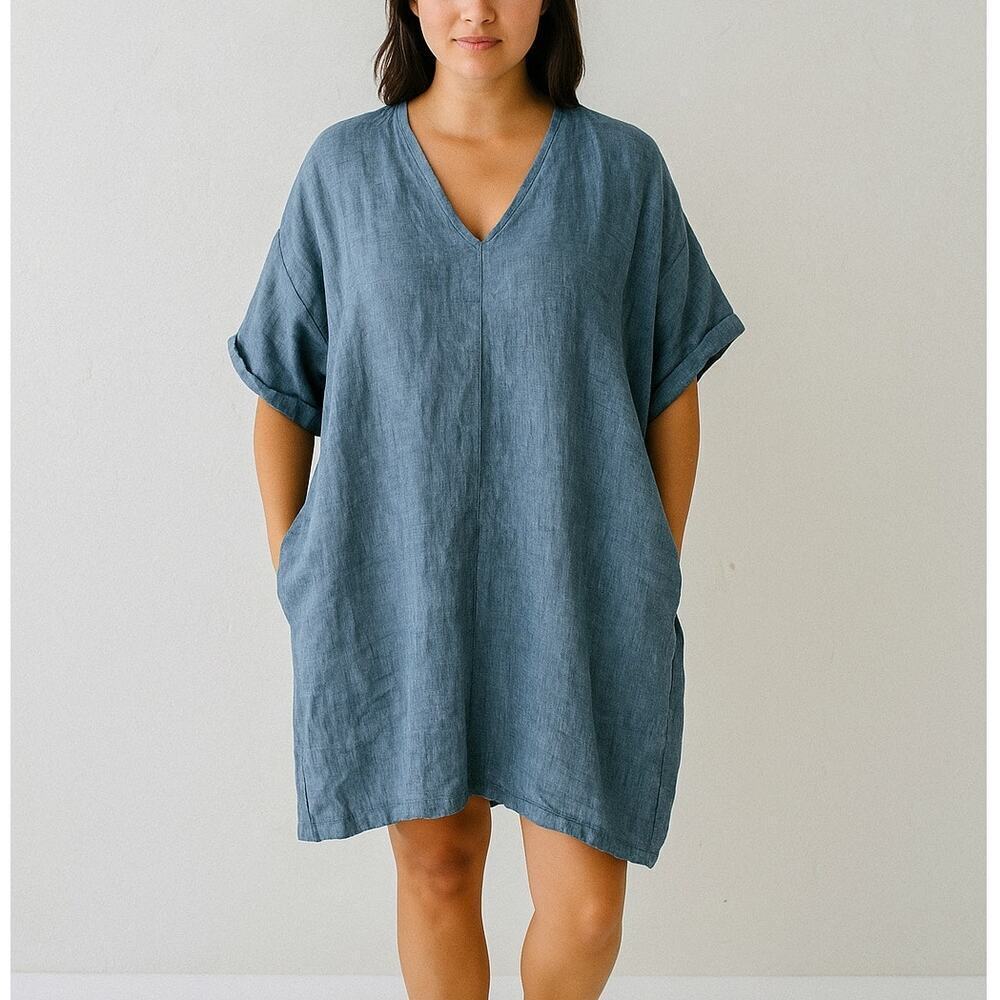 Bryn Walker Blue Linen Bingley Tunic Dress Women's XS Pockets Oversized NEW